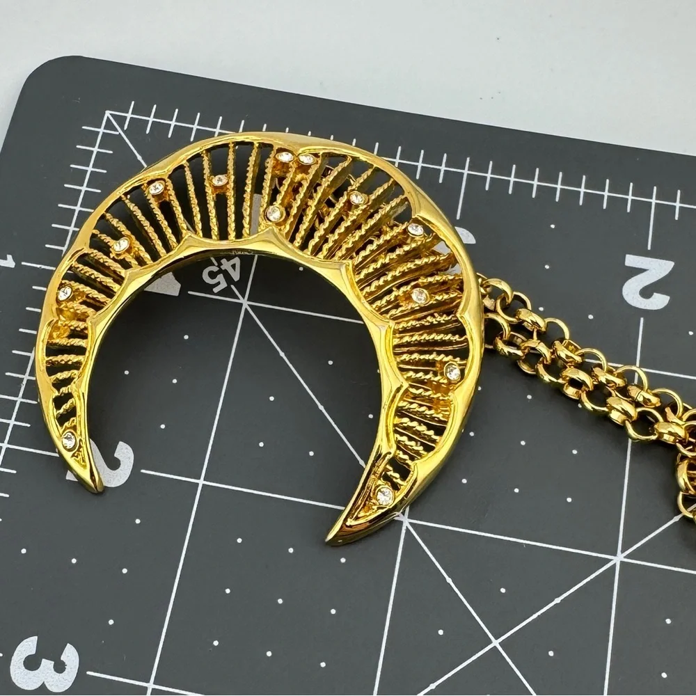 Sparkling Gold Tone Crescent Moon Pendant Necklace | Celestial | Statement - Picture 10 of 11